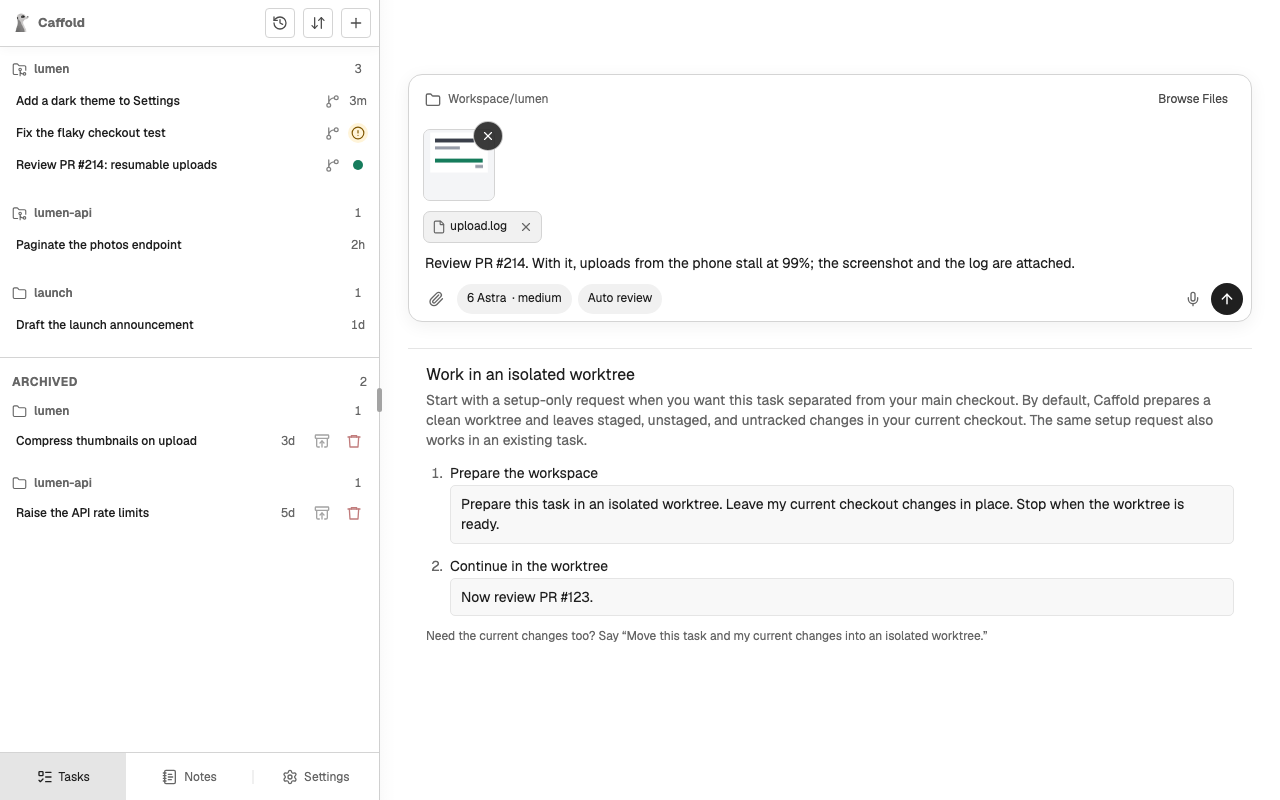 New Task with a pasted screenshot and an attached log