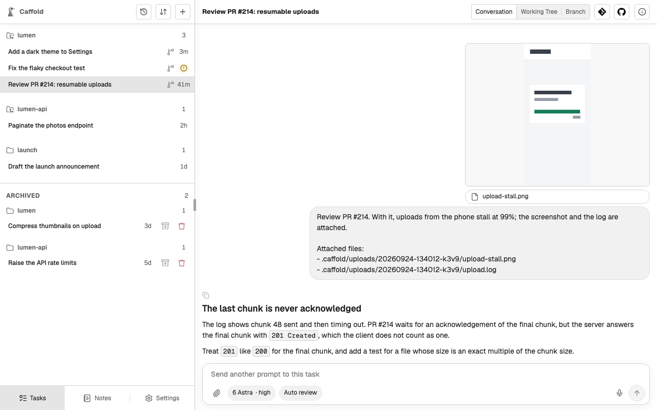 The sent prompt with its screenshot and its Attached files list