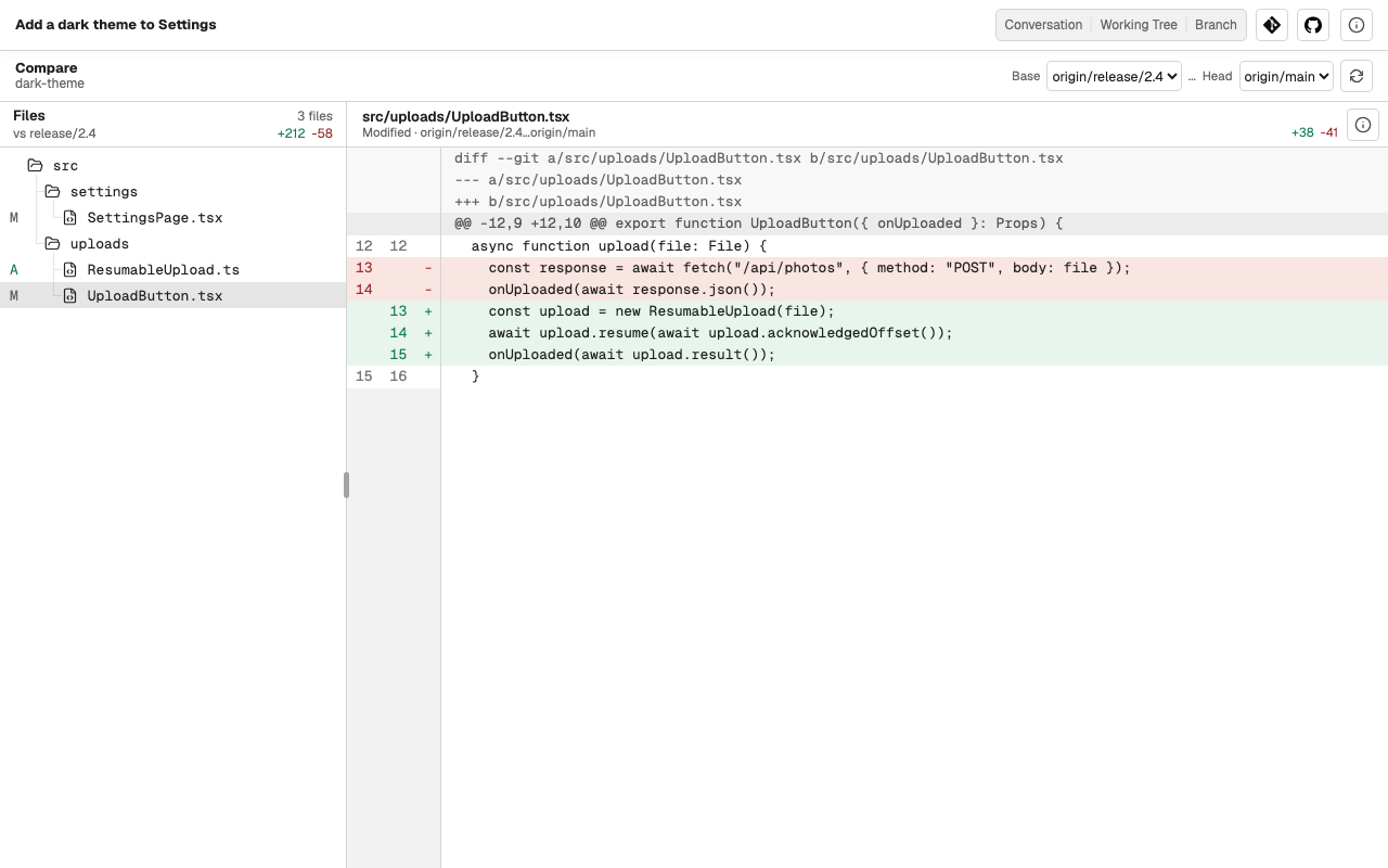 Git Compare between two refs, with one file's diff