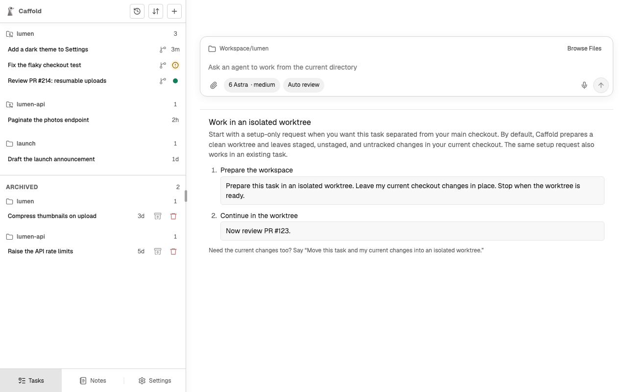 New Task with the worktree guide, and branch icons on the Tasks that run in worktrees