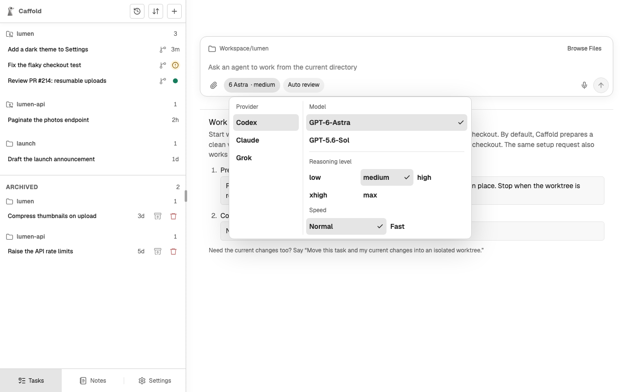 New Task with the model menu open: the agents under Provider, Codex's models, and the reasoning level and speed