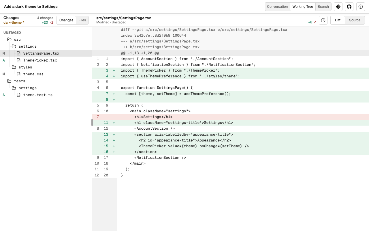 Working Tree showing a Task's changed files and the diff of one of them