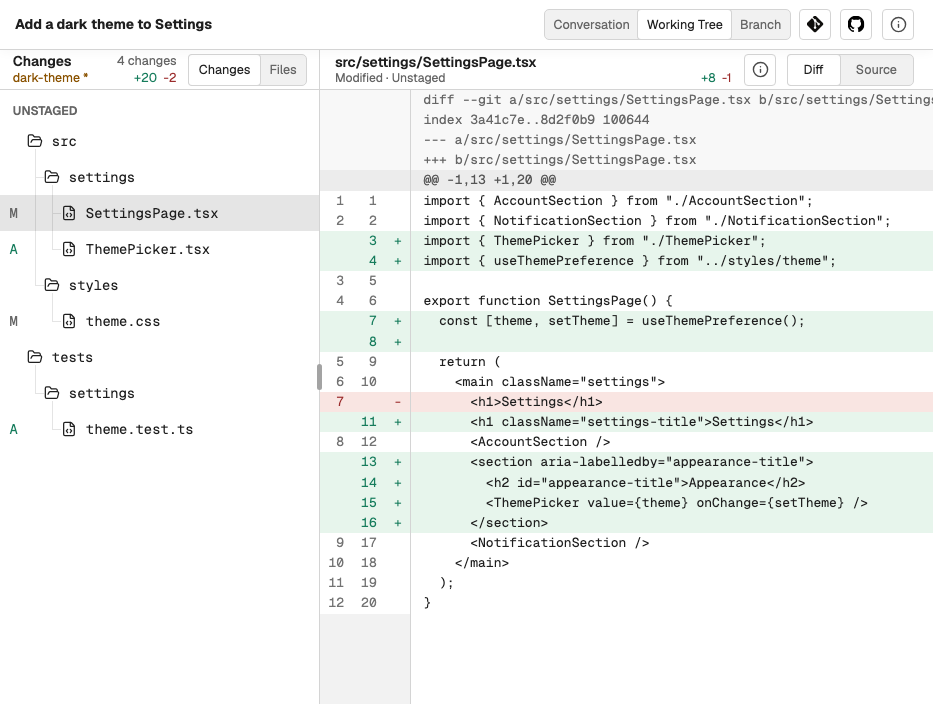 Working Tree on an unfolded foldable: the changed files beside the diff