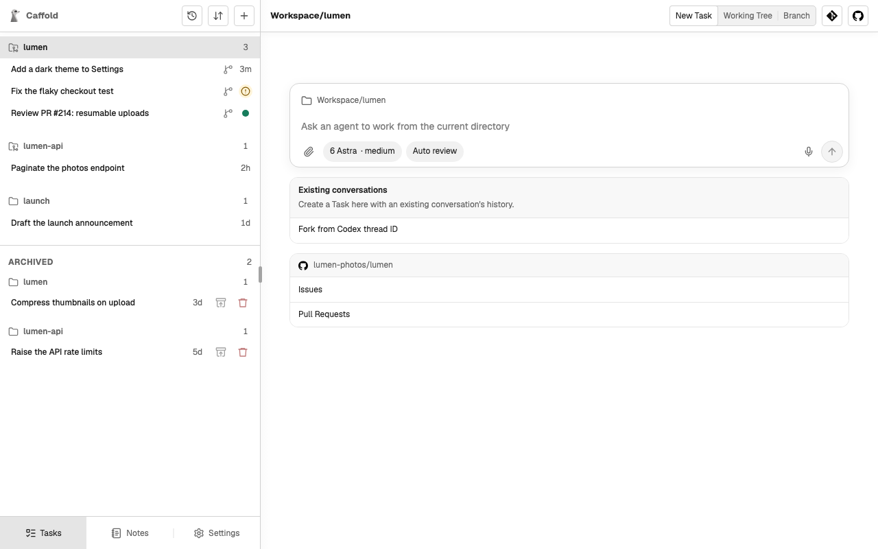 A Section opened: New Task in its directory, existing conversations, and its GitHub repository