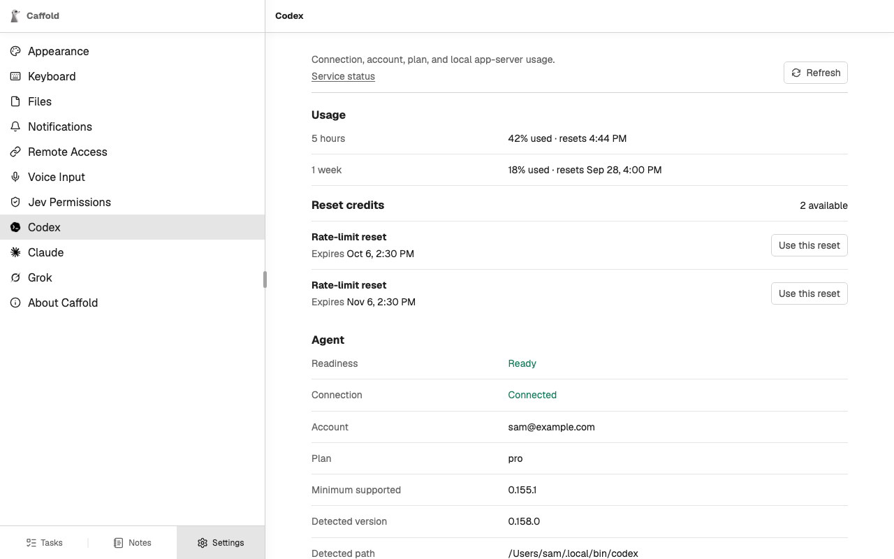 Settings → Codex: Codex is ready, with the version and path Caffold found