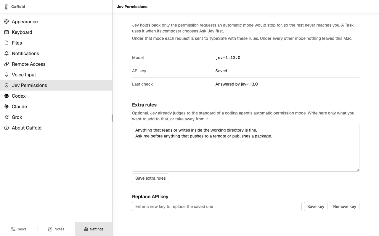Settings → Jev Permissions with a saved key and two extra rules