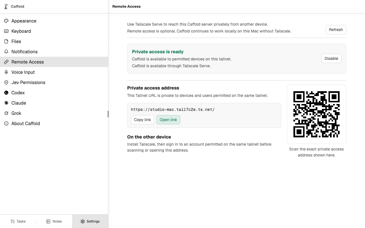 Settings → Remote Access with the private address and its QR code