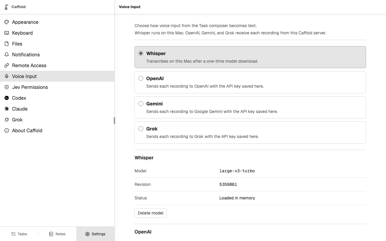 Settings → Voice Input with Whisper chosen and its model downloaded