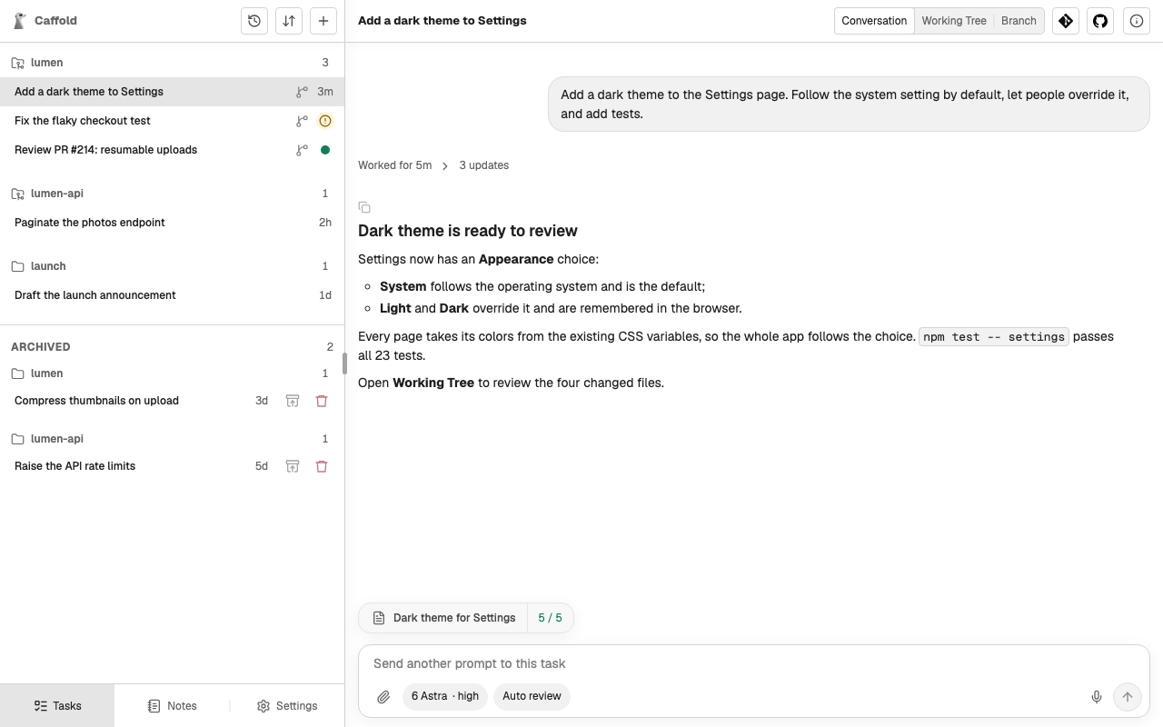 A finished Caffold Task on a desktop: the request, the agent's answer, its plan, and the Task list