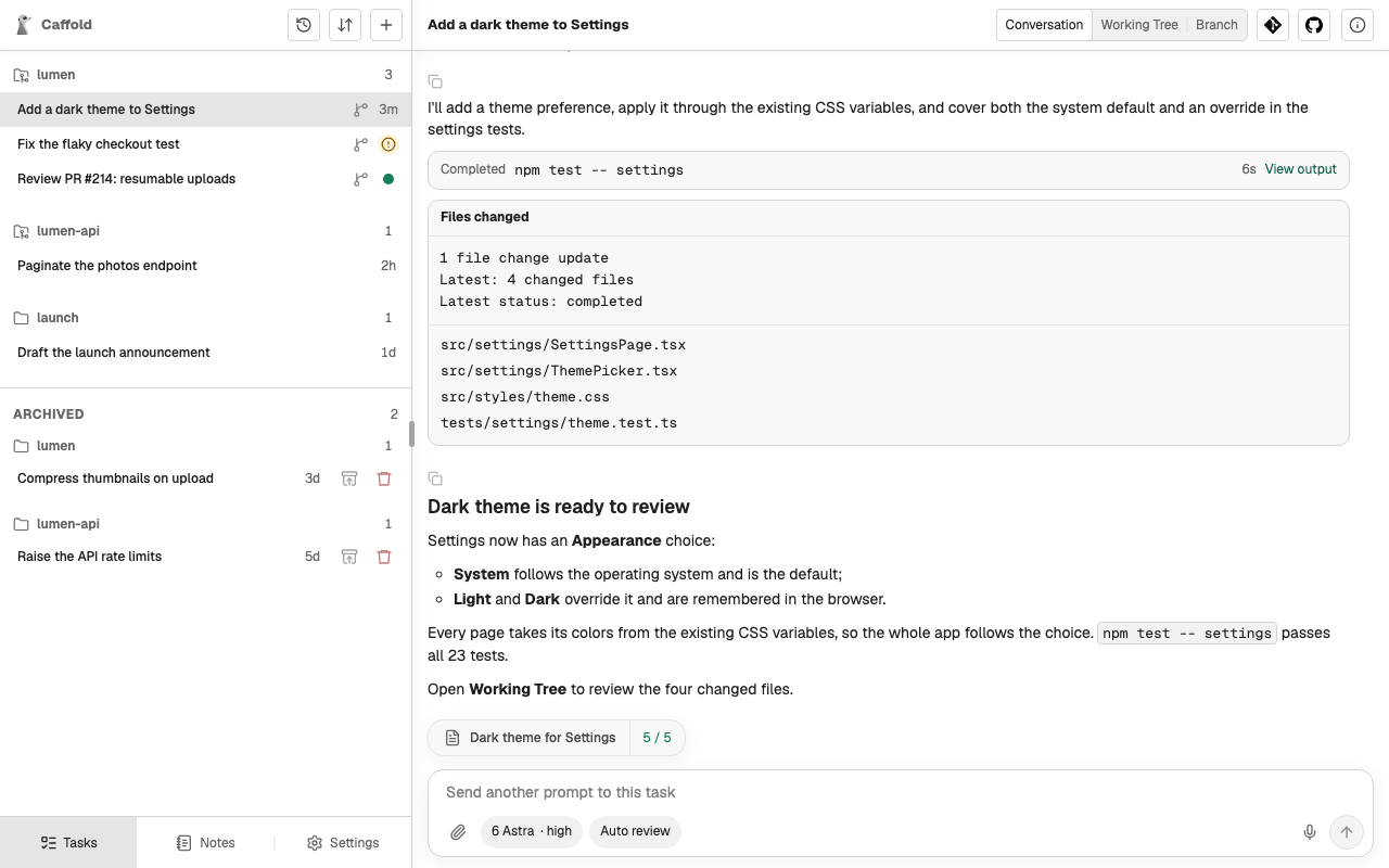 The same turn with its work unfolded: a progress message, the test command, and the changed files